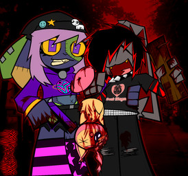 ^_^ ambiguous_gender andromorph anthro beanie belt black_hair blood blood_from_ear blood_from_mouth blood_from_wound blood_in_mouth blood_on_hand blood_splatter blood_stain blood_stained_clothing blue_body blue_fur bodily_fluids bone bottomwear brain_matter bullet_wound clothing collar crazed_look cropped_hoodie crushed_head death denim denim_bottomwear denim_clothing ear_bands exposed_bone exposed_rib_cage eye_injury eyes_closed fangs female feral footwear fractured_bone fur gore green_body green_fur grey_body grey_fur grotesque_death group gun hair hat headgear headwear hoodie intersex jeans killing legwear multicolored_hair nail nailed_board navel navel_piercing pants pattern_clothing pattern_footwear pattern_legwear pattern_shirt pattern_socks pattern_topwear photo_background piercing pink_hair purple_clothing purple_eyes purple_hoodie purple_topwear ranged_weapon red_background rib_cage rust saturn_(planet) scratches severed_body_part severed_leg severed_limb shirt shorts simple_background smile smiling_at_viewer snuff socks spiked_collar spikes star_pupils striped_clothing striped_footwear striped_shirt striped_socks striped_topwear stripes studded_belt studs t-shirt teeth thigh_highs thong_straps topwear torn_bottomwear torn_clothing torn_jeans torn_pants torn_shorts trio weapon wounded x_eyes x_navel yellow_body yellow_fur yellow_sclera yellow_teeth xxv4mp_g4z3rxx nintendo pokemon generation_3_pokemon lagomorph leporid mammal pokemon_(species) rabbit skitty undead zombie 2026 digital_drawing_(artwork) digital_media_(artwork) mixed_media photography_(artwork) signature nonbinary_(lore)