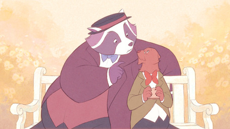 anthro belly bench big_belly bottomwear bow_tie clothing duo food hat headgear headwear male male/male mature_male overweight overweight_male pants shirt sitting size_difference topwear giovanni_edwards wilbur_&_harold mammal mustelid musteline procyonid raccoon true_musteline weasel 16:9 2026 hi_res widescreen