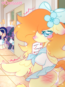 blue_eyes blue_flower blue_hair_bow blush classroom female feral flower glistening glistening_eyes grey_body group hair orange_hair plant purple_hair red_eyes school smacked solo_focus text wings yellow_body dorisss hasbro my_little_pony mythology equid equine horse mammal mythological_creature mythological_equine pegasus pony absurd_res artist_name hi_res