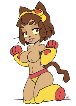 anthro clothed clothing female solo topless topless_female half-dude gameoverse glitch_productions kit_bodega domestic_cat felid feline felis mammal absurd_res hi_res