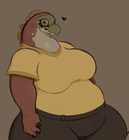 anthro belly big_breasts bottomwear breasts clothed clothed_anthro clothed_female clothing female female_anthro fingers front_view green_body green_scales heart_symbol huge_breasts huge_hips huge_thighs multicolored_body multicolored_scales non-mammal_breasts orange_fin overweight overweight_anthro overweight_female scales shirt simple_background solo t-shirt thick_thighs topwear wide_hipped_anthro wide_hipped_female wide_hips yellow_clothing yellow_shirt yellow_t-shirt yellow_topwear xedyraus olympia_(titanogoro) aquatic fish salmon salmonid_(fish) 2025 digital_drawing_(artwork) digital_media_(artwork) english_description