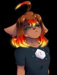 ahoge anthro black_sclera breasts clothed clothing d20 dice dice_print embers female fire frown fur hair looking_at_viewer natural_1 profanity shirt simple_background small_breasts solo text text_on_clothing text_on_shirt text_on_topwear topwear dorian-bc caradhina canid canine canis fox hybrid mammal wolf 2018 alpha_channel digital_media_(artwork)