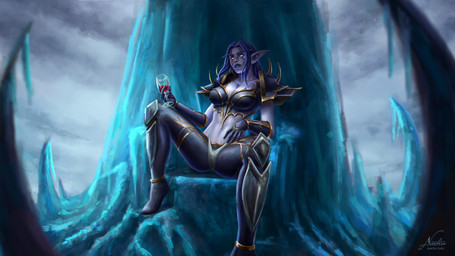 abs alcohol armor armored_boots beverage blue_hair blue_lips breasts chair cleavage clothed clothing container cup dominant dominant_female drinking_glass eyebrows facial_markings female furniture gauntlets glass glass_container glass_cup gloves glowing glowing_eyes hair handwear head_markings humanoid_pointy_ears ice jewelry lips long_eyebrows markings midriff necklace not_furry pointy_ears sitting solo throne unconvincing_armor wine wine_glass naelia blizzard_entertainment warcraft melwinne elf humanoid mammal night_elf 16:9 2023 hi_res widescreen