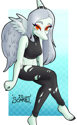 amber_eyes anthro black_bottomwear black_clothing black_crop_top black_pants black_shirt black_topwear blue_background blue_body bone bone_frill border bottomwear breasts clothed clothed_anthro clothed_female clothing collar crop_top crossed_legs elbow_feathers feathered_wings feathers feet female fingers frill_(anatomy) front_view grey_body grey_feathers grey_hair hair humanoid_feet humanoid_hands jewelry long_hair looking_at_viewer markings medium_breasts necklace non-mammal_breasts pants plantigrade pose shirt simple_background sitting skull solo spiked_collar spikes striped_markings stripes text toes topwear torn_bottomwear torn_clothing torn_pants white_border wings io_scarlet cavemanon_studios goodbye_volcano_high ko_op_(game_developer) snoot_game fang_(gvh) prehistoric_species pterosaur reptile scalie absurd_res artist_name colored full-length_portrait hi_res portrait shaded