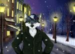 anthro black_nose building clothing electronics fur hair headphones heterochromia iroquois lamp lantern looking_at_viewer male mspring neo-classical_architecture night outside plant russia russian smile snow solo tree walking winter coldy_the_wolf canid canine canis mammal wolf 2018 hi_res