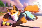 anthro black_nose cheek_tuft claws clothed clothing dipstick_tail facial_tuft feet fur gloves handwear holding_object jumpsuit knee_pads lying male markings on_front on_sand orange_body orange_eyes orange_fur sand solo tail tail_markings teeth toe_claws tuft yellow_sclera leo-wolf epic_games fortnite fennix_(fortnite) canid canine fox mammal red_fox true_fox 2023 digital_media_(artwork) hi_res