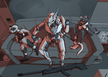 ammunition ankle_cuffs bdsm blue_eyes bondage bound box collar container cuff_(restraint) dominant dominant_male furniture genitals group gun horn humanoid_genitalia humanoid_penis leash machine male male/male muzzle_(object) muzzled nude penis ranged_weapon rat_tail restraints shackles sofa submissive submissive_male tail tape tape_muzzle weapon wrist_cuffs floatrand mammal murid murine procyonid raccoon rat robot rodent hi_res