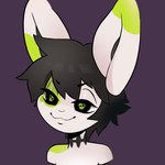 anthro black_hair fur green_markings grey_background hair half-closed_eyes male markings narrowed_eyes simple_background skull_pupils smile solo white_body white_fur sparkibarki kal_(noctaccean) lagomorph leporid mammal rabbit 1:1 bust_portrait hi_res portrait