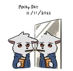 anthro clothing food fur hair hoodie male mirror mirror_reflection pocky_in_mouth red_eyes reflection simple_background solo standing topwear white_body white_fur northwoooof pocky pocky_and_pretz_day badday canid canine canis mammal wolf hi_res