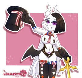 anthro bat_wings belly_tattoo big_breasts black_hair bodysuit bow_accessory breasts butt cane cheek_tattoo cloak clothing cylinder female fur hair horn latex latex_bodysuit latex_clothing latex_legwear latex_skinsuit latex_stockings legwear magic magician makeup membrane_(anatomy) membranous_wings navel nipple_tape outline pasties purple_eyes pussy_tape simple_background skinsuit solo spades_(marking) stockings tail tape tattoo thick_thighs tight_clothing waist white_body white_fur wings walrusdin3 fan_character absurd_res hi_res