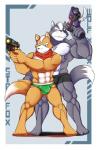 abs anthro biceps boxer_briefs bulge clothing duo male male/male mostly_nude muscular muscular_male nipples ranged_weapon size_difference underwear weapon shinobiya nintendo star_fox fox_mccloud wolf_o'donnell canid canine canis fox mammal wolf 2019 absurd_res hi_res