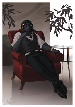 anthro black_body black_fur chair clothed clothing cross dreadlocks fur furniture gold_(metal) gold_jewelry jewelry male melanistic office office_chair sitting solo topwear vest kraaisha horus_wild felid lion mammal pantherine hi_res