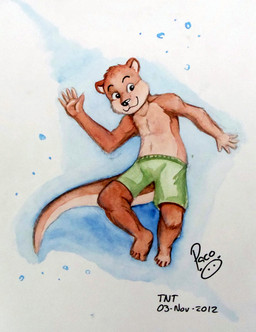anthro black_nose bottomwear brown_body brown_fur brown_tail closed_smile clothed clothing front_view fur green_bottomwear green_clothing green_shorts head_tuft logo male mouth_closed shorts smile solo tail tan_body tan_fur tan_tail topless tuft young young_anthro young_male pandapaco mammal mustelid otter 2012 artist_logo dated signature traditional_media_(artwork)