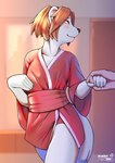 anthro asian_clothing clothing date east_asian_clothing female hair japanese_clothing orange_hair red_eyes solo sunset tail white_body yukata brushart tessy_(brushart) humanoid mammal mustelid musteline true_musteline weasel