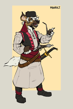 anthro belt boots clothing ears_up footwear gun hair hat headgear headwear holding_object holding_smoking_pipe looking_aside male melee_weapon open_mouth ranged_weapon shoes smile smoking_pipe solo sword tail teeth teeth_showing tongue tongue_out weapon wearing_hat white_hair mangoyena mawkvlt kolya_yeen_(mawkvlt) hyena mammal spotted_hyena 2:3 hi_res