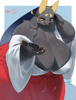 anthro asian_clothing big_breasts black_body black_fur breasts claws clothing cosmic_hair curvy_figure east_asian_clothing ethereal_hair female fur handpaw huge_breasts japanese_clothing kimono looking_at_viewer nipples paws simple_background solo voluptuous cyan_asdf naho_(cyan_asdf) anubian_jackal canid canine canis jackal mammal absurd_res hi_res signature