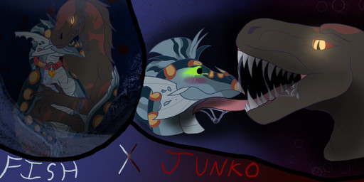 anthro bared_teeth bodily_fluids clutching_chest clutching_stomach collar collar_only drool_on_face drooling duo glowing glowing_eyes male male/male mawplay nude possessive saliva teeth_showing tongue tongue_out lyrical_impressions_(artist) fish_(lyrical_impressions) junko eel fish flying_fish hybrid marine hi_res sketch_page