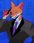 anthro clothed clothing electronics eyes_closed male necktie phone solo suit kadikadisake nhk nhk_news canid canine fox mammal 4:5 hi_res