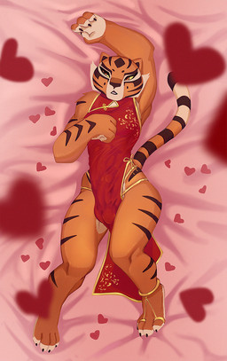 anthro balls_outline bulge clothed clothing dakimakura detailed_bulge dress erection erection_under_clothing genital_outline gynomorph heart_symbol intersex looking_away lying muscular muscular_gynomorph muscular_intersex penis_outline skimpy solo r.g.buzsz dreamworks kung_fu_panda master_tigress felid mammal pantherine tiger dakimakura_design hi_res