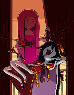 breasts clothed clothing duo female food footwear hair humanoid_pointy_ears not_furry open_mouth pink_body pink_hair pointy_ears rubber_hose_style shoes smile teeth toony topwear discount-supervillain adventure_time cartoon_network marceline_abadeer princess_bubblegum candy_people_(at) demon demon_humanoid food_creature human humanoid mammal vampire digital_media_(artwork) hi_res
