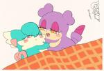 anthro bedroom_eyes being_watched blue_body blue_fur blush bodily_fluids dialogue duo_focus eyelashes female fur group half-closed_eyes looking_at_another narrowed_eyes nude open_mouth purple_body purple_fur seductive sweat text tongue 3kiropanko himitsu_no_cocotama bibit_(cocotama) kirarise_(cocotama) oshaki cocotama 2017 hi_res japanese_text