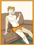 3:4 anthro blonde_hair blue_eyes border briefs briefs_only bulge clothed clothing equid equine fur furniture fuze gesture hair hand_gesture hi_res horse horse_frat_dude_(fuze) male mammal markings navel nipples on_sofa open_mouth orange_briefs orange_clothing orange_underwear sitting smile sofa solo striped_markings stripes tan_body tan_fur teeth_showing thumbs_up topless underwear underwear_only yellow_border