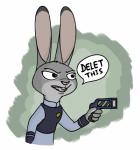 anthro buckteeth clothed clothing dialogue dipstick_ears ear_markings electroshock_weapon fur grey_body grey_fur holding_object holding_weapon multicolored_ears open_mouth ranged_weapon solo speech_bubble taser teeth text weapon anothercolouranon delet_this disney zootopia judy_hopps lagomorph leporid mammal rabbit 2020 english_text meme reaction_image