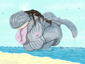 anthro baleen beach belly big_belly big_breasts big_butt big_head blowhole breasts butt cetacean_tail duo female fin giant_hips huge_belly huge_breasts huge_butt huge_thighs huge_tongue hyper hyper_butt larger_female leaning_down macro male male/female micro mommabearbun_(kxybeastar) sand sea size_difference smaller_male tail thick_tail thick_thighs water wave wet wet_body kxybeastar blade_(kxybeastar) aquatic avian baleen_whale bird blue_whale canid canine canis cetacean gull lari larid mammal whale wolf absurd_res hi_res