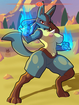anthro big_breasts black_body black_fur blue_body blue_fire blue_fur breasts chest_spike colored_fire digitigrade eyelashes feet female fire front_view fur genitals hand_spike looking_at_viewer navel nude red_eyes solo spikes spikes_(anatomy) thick_thighs vulva wide_hips yellow_body yellow_fur skwid nintendo pokemon generation_4_pokemon lucario pokemon_(species) hi_res