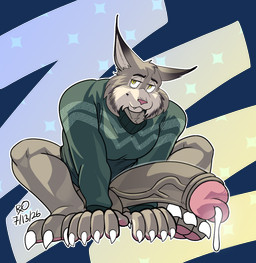 3_toes 5_fingers abstract_background anthro balls big_balls big_penis blush blush_lines bodily_fluids claws clothed clothing facial_tuft fangs feet fingers foreskin fur genital_fluids genitals glans green_clothing green_sweater green_topwear grey_body grey_fur half-erect huge_balls huge_penis hyper hyper_balls hyper_genitalia hyper_penis leaking_precum male musky_penis pantsless penis pink_glans pink_nose pointy_ears precum sitting smile snout solo sweater teeth toes topwear tuft vein veiny_penis yellow_eyes rxq disney zootopia pawbert_lynxley felid feline lynx mammal 2026 alpha_channel cel_shading colored dated hi_res shaded signature