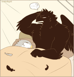 anthro beak bed bedding biped black_body black_feathers blanket cheek_tuft chest_tuft confusion ellipsis facial_tuft fade_panel feathers furniture grey_body grey_feathers head_tuft male mostly_nude mostly_nude_anthro mostly_nude_male muscular muscular_anthro muscular_male neck_tuft on_bed pillow question_mark sleeping sleeping_together solo three-quarter_view tuft waking_up white_body white_feathers wings lovebuffpg45 avian 2024 digital_drawing_(artwork) digital_media_(artwork)