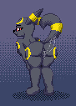 anthro anthrofied black_body black_fur bodily_fluids breasts butt female fur genital_fluids genitals looking_at_viewer nude pokemorph simple_background smile solo standing tail vaginal_fluids vulva zeka10000 nintendo pokemon eeveelution generation_2_pokemon pokemon_(species) umbreon digital_media_(artwork) low_res pixel_(artwork)