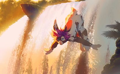 amazing_background ambiguous_gender anthro blue_eyes detailed_background hair open_mouth outside purple_hair rock solo sunset water waterfall akitamonster tikibunneh lagomorph leporid mammal rabbit detailed