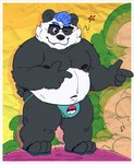 3_toes 4_fingers anthro belly big_belly black_body black_nose clothing cute_fangs fangs feet fingers footwear jockstrap male moobs navel nipples one_eye_closed overweight overweight_male sandals shoes solo teeth toes underwear white_body wink 06junior11 bear giant_panda mammal 2024 hi_res