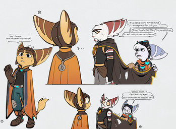 angry anthro boots cape clothed clothed_female clothed_male clothing cybernetic_arm cybernetic_limb dialogue ear_piercing ear_ring eyewear eyewear_on_head female fingerless_gloves footwear fur gloves goggles goggles_on_head group handwear male markings piercing ring_(marking) ring_piercing ringed_tail shoes striped_markings striped_tail stripes tail tail_markings tail_tuft text trio tuft white_body white_fur yellow_body yellow_fur yellow_sclera time_fluffy500 ratchet_and_clank sony_corporation sony_interactive_entertainment alister_azimuth ratchet_(ratchet_and_clank) rivet_(ratchet_and_clank) lombax mammal comic english_text hi_res