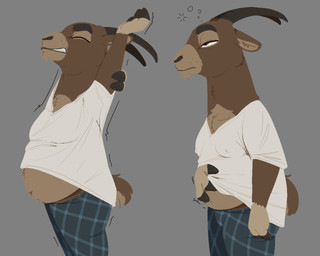 3_fingers anthro belly belly_overhang big_belly brown_body brown_eyes brown_fur clenched_teeth clothed clothed_anthro clothed_male clothing countershade_fur countershade_torso countershading eyes_closed facial_hair fingers fully_clothed fully_clothed_anthro fully_clothed_male fur gloves_(marking) goatee grey_background half-closed_eyes hooved_fingers hooves horn long_neck loose_shirt male markings moobs motion_lines narrowed_eyes navel nipple_outline oversized_clothing overweight overweight_anthro overweight_male pajama_pants pajamas raised_arm scratching scratching_belly shirt simple_background sleep_bubble solo standing stretching tail teeth tired topwear white_clothing white_shirt white_topwear conditional_dnp tangerine_(artist) bovid caprine goat ibex mammal 2026 5:4 aliasing binary_drawing digital_drawing_(artwork) digital_media_(artwork) multiple_scenes portrait three-quarter_portrait