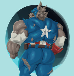 anthro black_sclera blue_bottomwear blue_clothing blue_mask blue_pants bottomwear butt clothed clothing fangs fur gloves grey_body grey_fur handwear looking_at_viewer looking_back male multicolored_clothing multicolored_topwear muscular muscular_anthro muscular_male pants rear_view red_clothing red_eyes solo teeth topwear torn_bottomwear torn_clothing torn_pants uniform white_clothing zekebear marvel mythology captain_america capwolf canid canine mammal mythological_canine mythological_creature werecanid werecanine werecreature werewolf 2025 digital_media_(artwork) hi_res