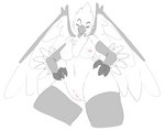 absurd_res anthro areola arm_feathers arm_warmers armwear avian beak big_breasts bird black_beak blush breasts chest_tuft clitoris clothing corvid digital_media_(artwork) eira_(eiraryyu) eyebrows feathered_wings feathers female genitals hands_on_hips hardscales hi_res javan_green_magpie large_wings legwear low-angle_view magpie_(corvid) monochrome nautile nipple_blush nipples oscine passerine plump_labia pussy raised_eyebrow simple_background sketch slim small_waist smile smiling_at_viewer smirk smirking_at_viewer solo thick_thighs thigh_highs tuft white_body wings