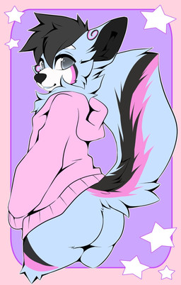 ambiguous_gender anthro black_hair black_inner_ear black_markings black_nose blue_body blue_ears blue_fur blue_tail butt clothing fluffy fluffy_tail fur fur_markings grey_eyes hair looking_at_viewer markings neck_tuft pink_background pink_clothing pink_markings pink_sweater pink_topwear purple_background simple_background solo star sweater tail topwear tuft slushie-nyappy-paws tezira canid canine canis mammal wolf 2024 hi_res
