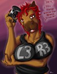 anthro arm_under_breasts big_breasts black_clothing black_shirt black_topwear breasts brown_body brown_fur clothing female fur hair holding_breast joystick looking_at_viewer red_eyes red_hair shirt solo speech_bubble topwear gauox capybara caviid mammal rodent absurd_res hi_res