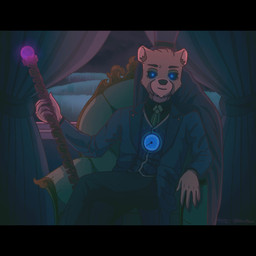 5_fingers anthro black_bars blue_eyes bottomwear brown_nose chair clock clothing curtains eyebrows fingers fur furniture hat headgear headwear inner_ear_fluff inside jacket male necktie night pants shirt sitting solo staff top_hat topwear tuft vest window yellow_body yellow_fur yellow_inner_ear_fluff naturanevie five_nights_at_freddy's scottgames golden_freddy_(fnaf) bear mammal 1:1 hi_res letterbox shaded