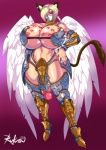 areola armor big_breasts blonde_hair breasts cleavage clothed clothing cock_armor ear_piercing feathered_wings feathers flaccid genitals glans gynomorph hair huge_breasts humanoid_genitalia humanoid_penis intersex kiss_mark lipstick makeup mask penis piercing red_eyes skimpy solo standing tail tail_tuft tuft unconvincing_armor vein white_body white_feathers white_hair wings rukasu angel angel_humanoid animal_humanoid humanoid winged_humanoid hi_res