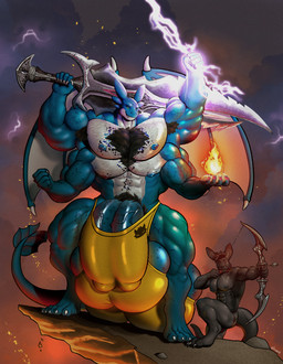 2_penises 4_arms 4_nipples 4_pecs anthro balls barazoku big_balls big_bulge big_muscles big_penis blue_nipples body_hair bow_(weapon) bulge chest_hair chest_tuft clothing daedric_armor diphallism fire genitals horizontal_diphallism huge_balls huge_bulge huge_muscles huge_penis humanoid_body_hair hyper hyper_balls hyper_bulge hyper_genitalia hyper_muscles hyper_penis lightning_bolt magic male melee_weapon multi_arm multi_balls multi_genitalia multi_limb multi_nipple multi_pecs multi_penis muscular nipples pecs penis ranged_weapon size_difference sword tuft underwear weapon embiggenedshoes bethesda_game_studios microsoft mythology skyrim the_elder_scrolls drakon monoliph dragon kangaroo macropod mammal marsupial mythological_creature mythological_scalie scalie hi_res