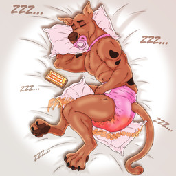 abdl ageplay bed bedtime bodily_fluids cellphone chastity_device clothed clothing collar diaper diaper_fetish electronics feral fur furniture genital_fluids infantilism locked lying male object_in_mouth on_back open_mouth pacifier pacifier_in_mouth phone pillow roleplay simple_background sleeping smartphone smile solo tail text unclean_diaper urine used_diaper wearing_diaper wet_diaper wetting wetting_bottomwear wetting_diaper f3lixc4tus hanna-barbera scooby-doo_(series) scooby-doo canid canine mammal 1:1 absurd_res hi_res