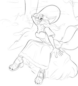clothing cosplay dress pose solo wind jerberjer leshana canid canine fox mammal hi_res monochrome pinup