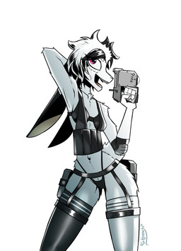 anthro belt biped black_bra black_clothing black_hair black_panties black_underwear bra breasts clothed clothed_anthro clothed_female clothing collarbone elbow_pads female female_anthro fur gun hair handgun holding_gun holding_handgun holding_object holding_ranged_weapon holding_weapon legwear long_ears messy_hair navel panties pivoted_ears ranged_weapon red_eyes short_hair simple_background small_breasts solo stockings thick_thighs underwear utility_belt weapon white_background white_body white_fur white_hair wide_hips gatonejo lagomorph leporid mammal rabbit 2026 absurd_res hi_res signature