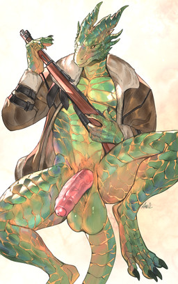 4_toes balls big_balls claws clothing feet finger_claws foreskin genitals glans green_body gun horn huge_balls humanoid_genitalia humanoid_penis jacket male penis ranged_weapon simple_background tail toe_claws toes topwear weapon ama_dench_art scalie absurd_res hi_res