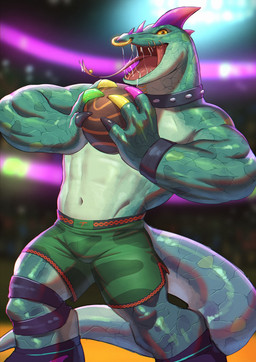 anthro ball basketball_(ball) basketball_court basketball_uniform bodily_fluids bottomwear bulge clothed clothing collar colored_nails facial_piercing footwear green_body green_bottomwear green_clothing green_scales green_shorts head_spikes holding_object legband lip_piercing looking_at_viewer male multicolored_claws muscular muscular_anthro muscular_male nails neck_piercing nose_piercing nose_ring orange_eyes piercing purple_spikes ring_piercing saliva scales septum_piercing septum_ring shirtless_anthro shirtless_male shoes shorts solo spikes spikes_(anatomy) sportswear studded_collar studs tail teeth tongue tongue_out tongue_piercing uniform yellow_sclera purpledragonrei goat_(movie) sony_corporation sony_pictures modo_olachenko komodo_dragon lizard monitor_lizard reptile scalie 2026 alternate_version_at_paywall digital_media_(artwork) hi_res