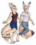 2012 anthro black_nose bottomwear breasts canid canine chakona_space clothed clothing cutoffs denim denim_bottomwear denim_clothing dipstick_tail duo faleshkarti female fennec_fox fox foxene full-length_portrait fully_clothed fur hand_holding herm_(lore) loander looking_back mammal markings multicolored_tail open_mouth portrait presaith shirt shorts simple_background tail tail_markings tan_body tan_fur tank_top topwear traditional_media_(artwork) true_fox white_background