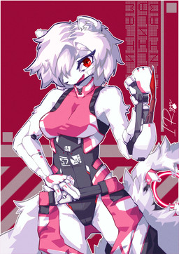 5_fingers anthro bangs belt_pouch black_nose bodysuit bottomwear breasts clothing crotchless_bottomwear crotchless_clothing cybernetic_hand cybernetics detailed_background eyebrow_through_hair eyebrows female fingers fur hair inner_ear_fluff long_bangs machine melee_weapon multicolored_bottomwear multicolored_clothing one_eye_obstructed open_mouth open_smile red_eyes skinsuit sleeveless_clothing slim small_breasts smile solo tail tight_clothing translucent translucent_hair tuft weapon white_body white_eyebrows white_fur white_hair white_tail falseconstruct cd_projekt_red cyberpunk_2077 domestic_ferret mammal mustelid musteline true_musteline weasel absurd_res hi_res signature